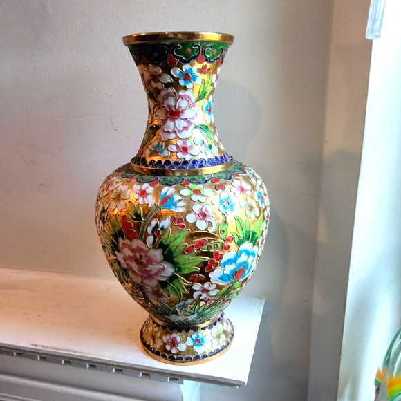 Vintage large cloisonne vase brass and enamel 13"